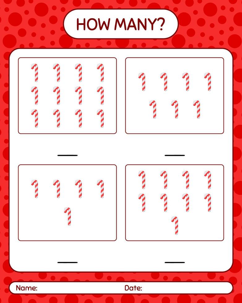 How many counting game with candy cane. worksheet for preschool kids, kids activity sheet vector
