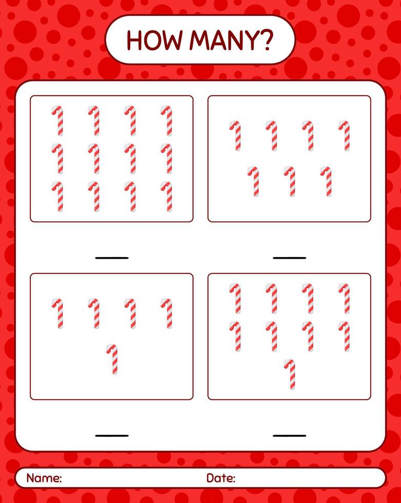 How many counting game with candy cane. worksheet for preschool kids, kids activity sheet vector