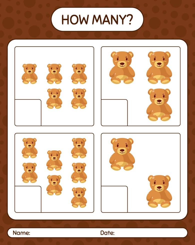 How many counting game with teddy bear. worksheet for preschool kids, kids activity sheet vector