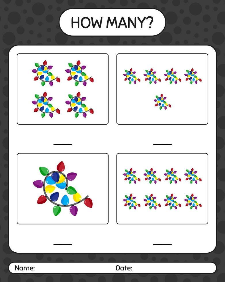 How many counting game with string light. worksheet for preschool kids, kids activity sheet vector