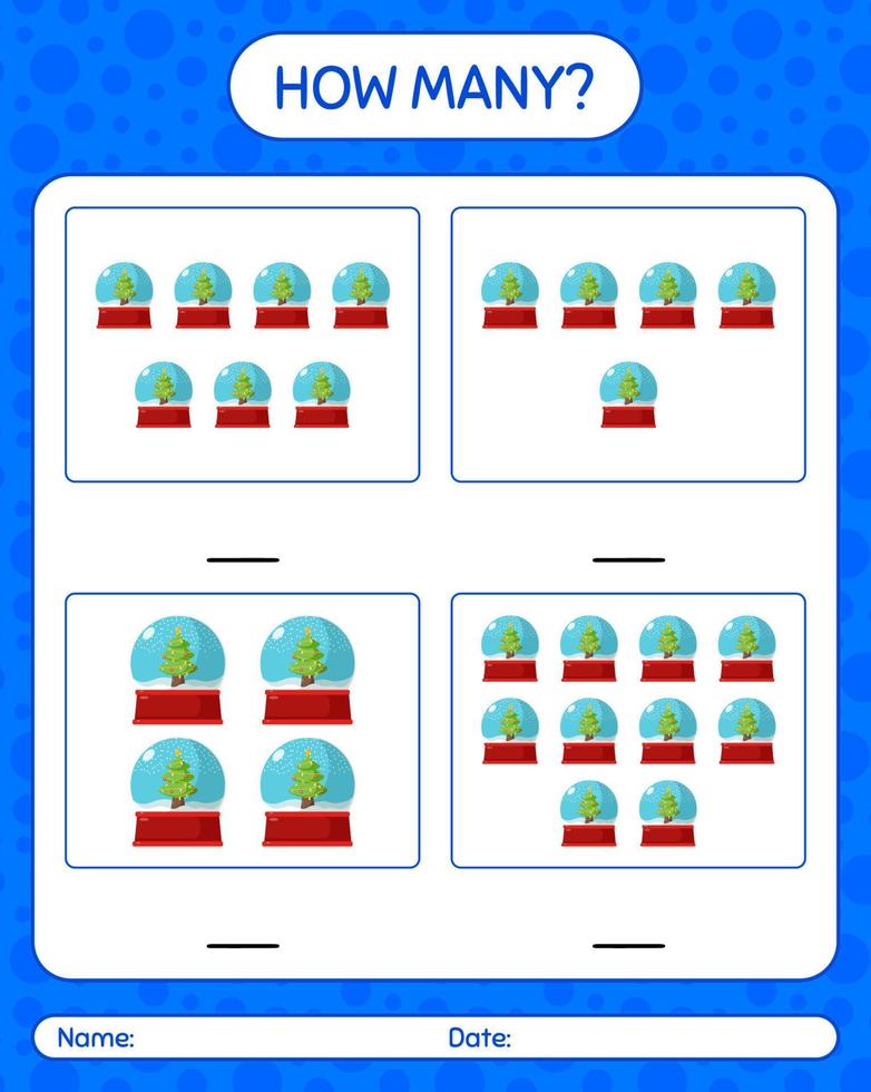 How many counting game with glass snow ball. worksheet for preschool kids, kids activity sheet vector