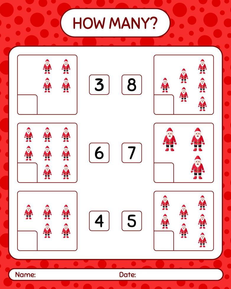 How many counting game with , santa claus. worksheet for preschool kids, kids activity sheet vector