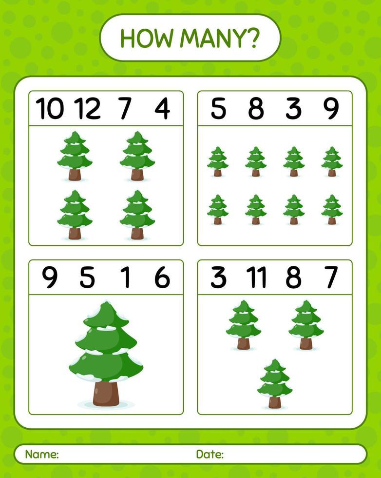 How many counting game with pine tree. worksheet for preschool kids, kids activity sheet vector