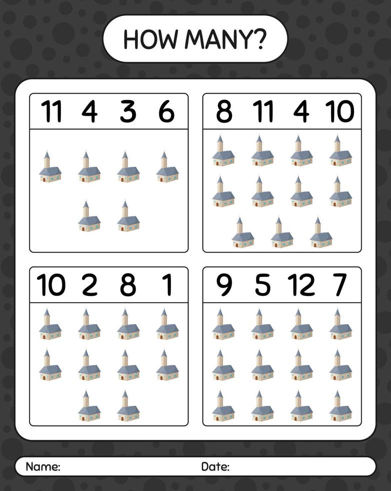 How many counting game with church. worksheet for preschool kids, kids activity sheet vector