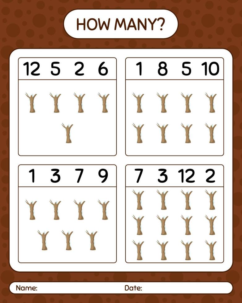 How many counting game with dead tree. worksheet for preschool kids, kids activity sheet vector