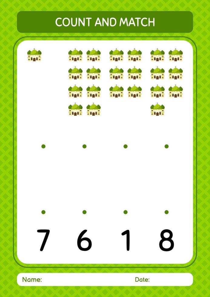 Count and match game with mosque. worksheet for preschool kids, kids activity sheet vector
