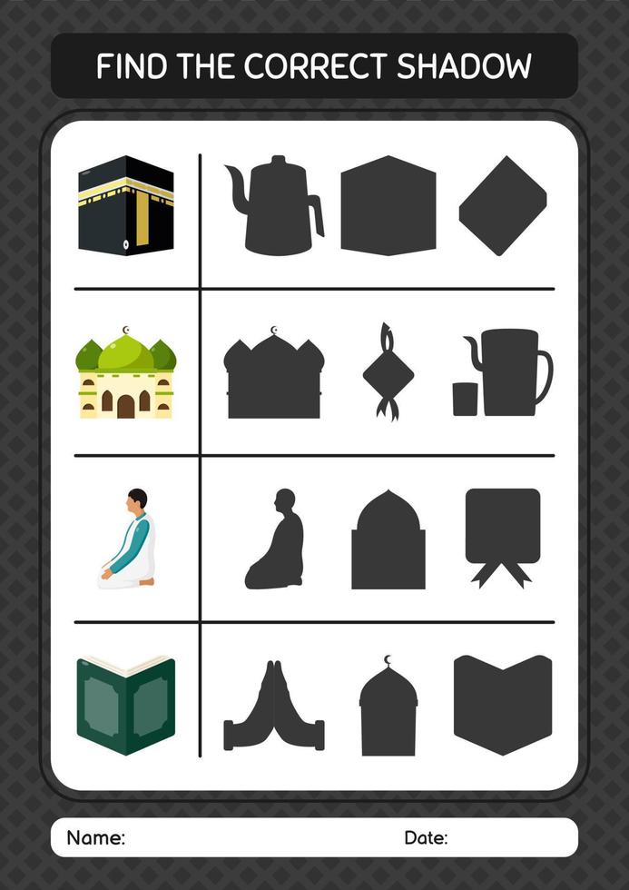 Find the correct shadows game with ramadan icon. worksheet for preschool kids, kids activity sheet vector