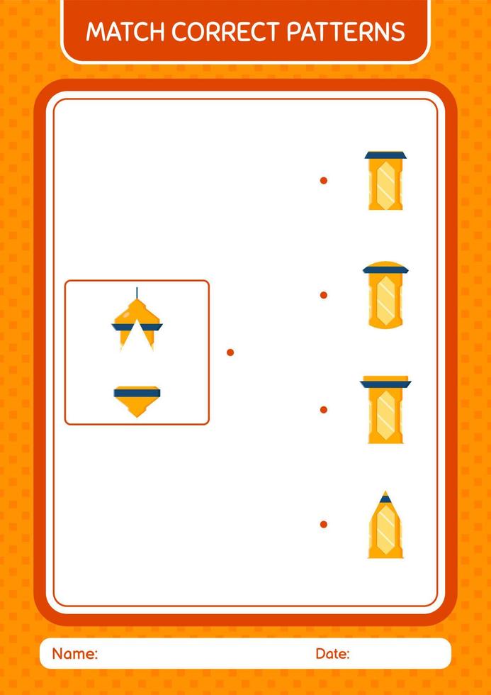 Match pattern game with arabic lantern. worksheet for preschool kids, kids activity sheet vector