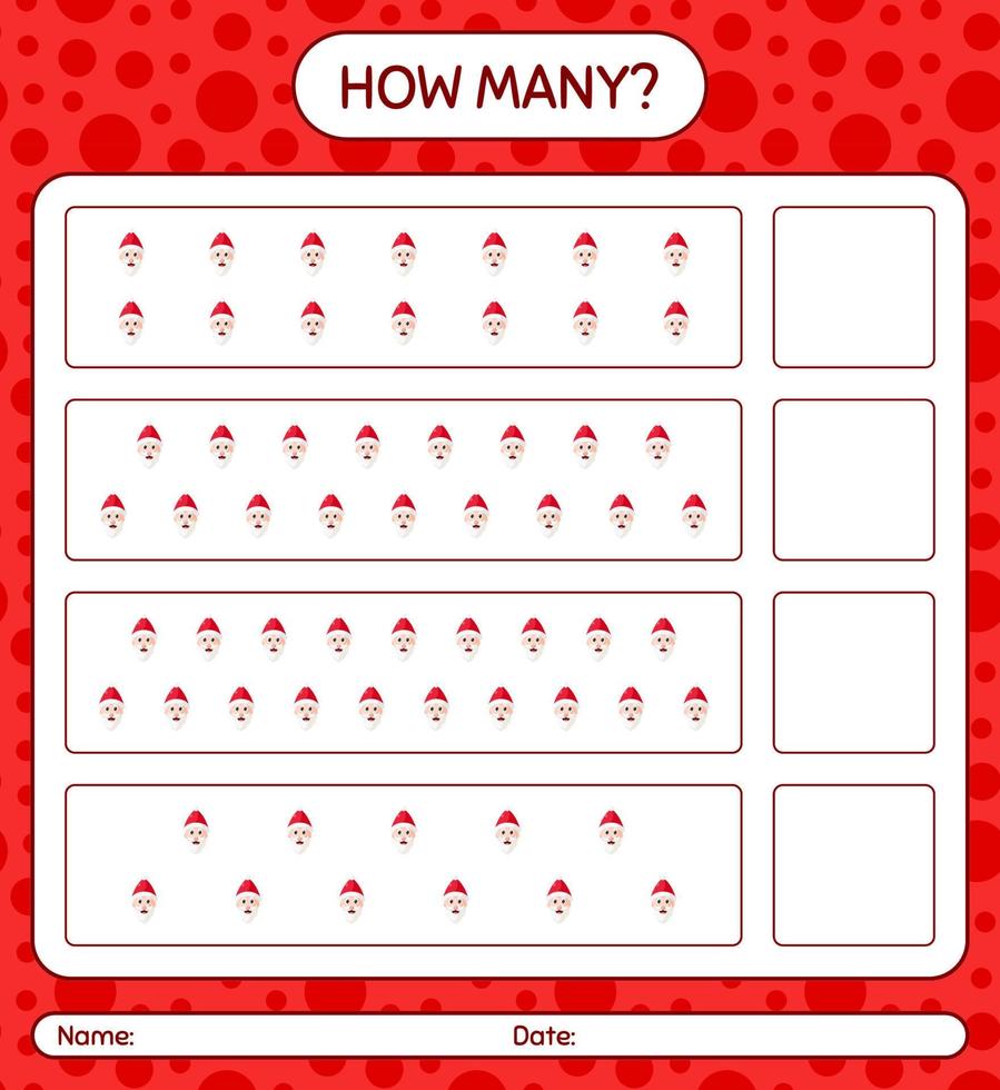 How many counting game with , santa claus. worksheet for preschool kids, kids activity sheet vector