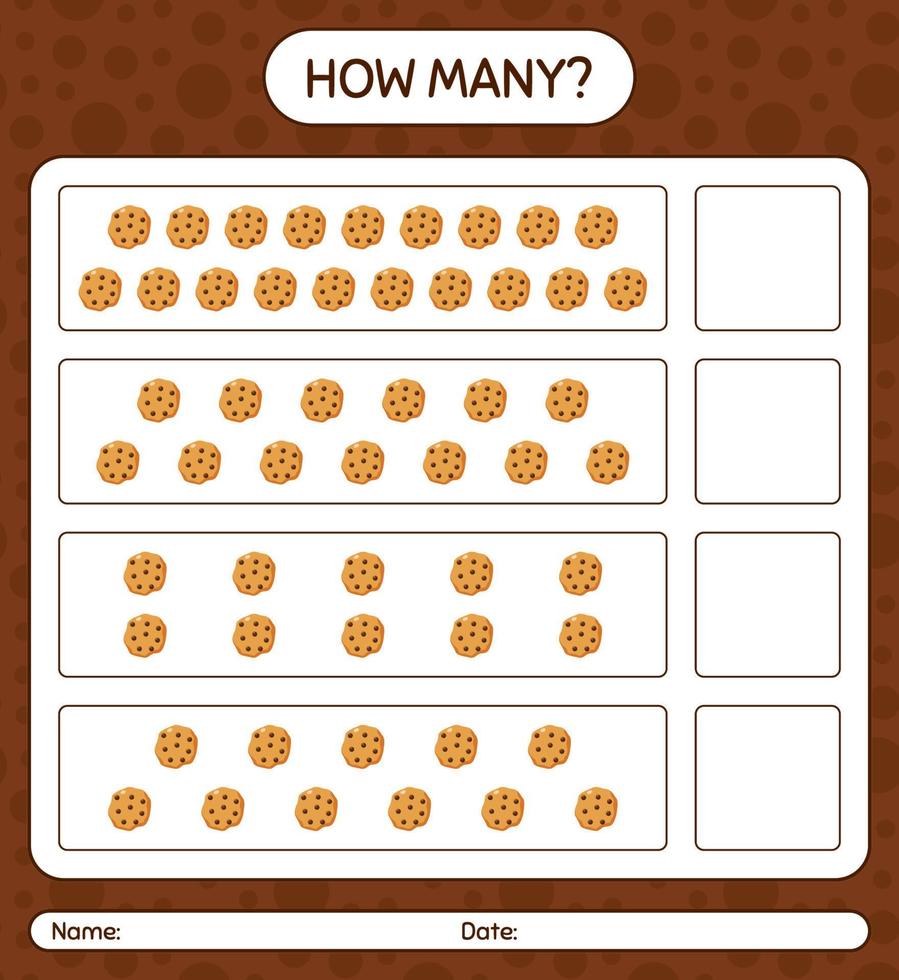 How many counting game with cookie. worksheet for preschool kids, kids activity sheet vector
