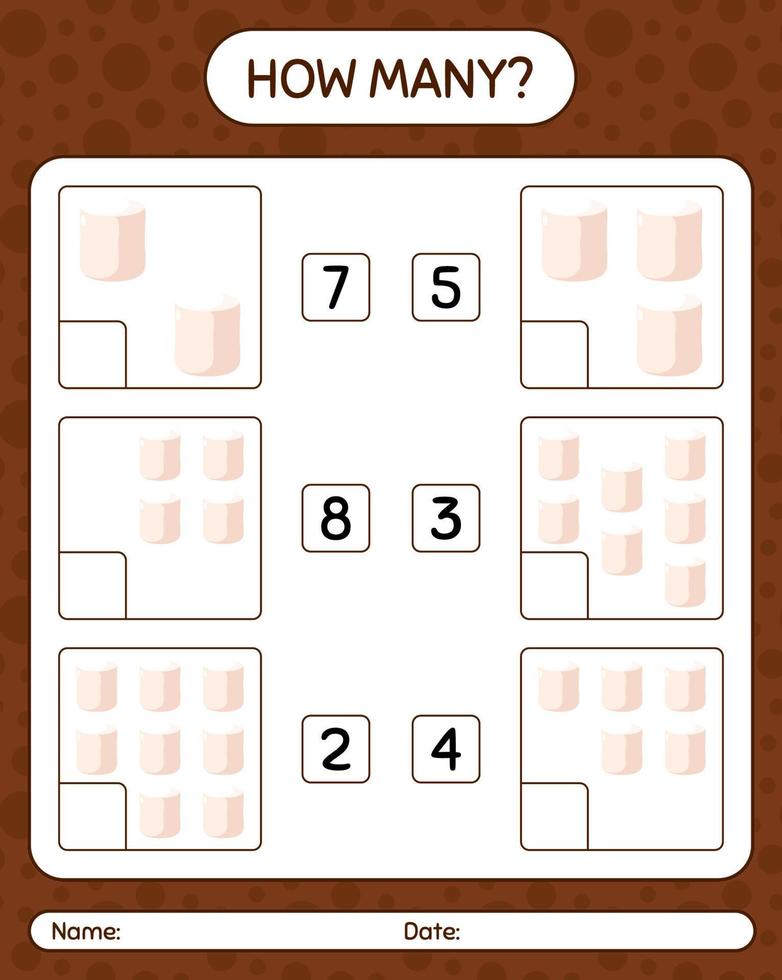 How many counting game with marshmallow. worksheet for preschool kids, kids activity sheet vector