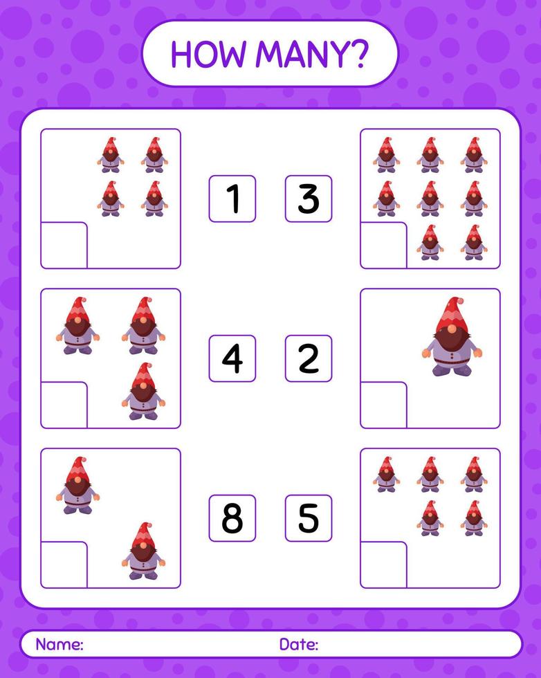 How many counting game with gnome. worksheet for preschool kids, kids activity sheet vector