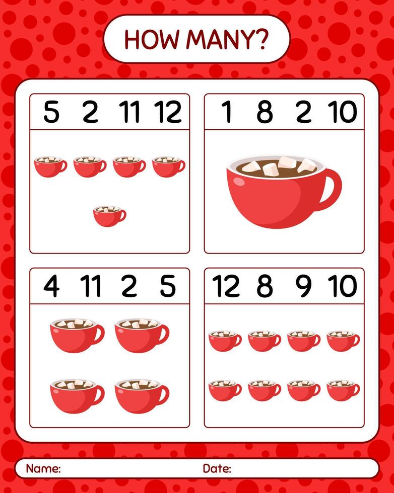 How many counting game with marshmallow on hot chocolate. worksheet for preschool kids, kids activity sheet vector