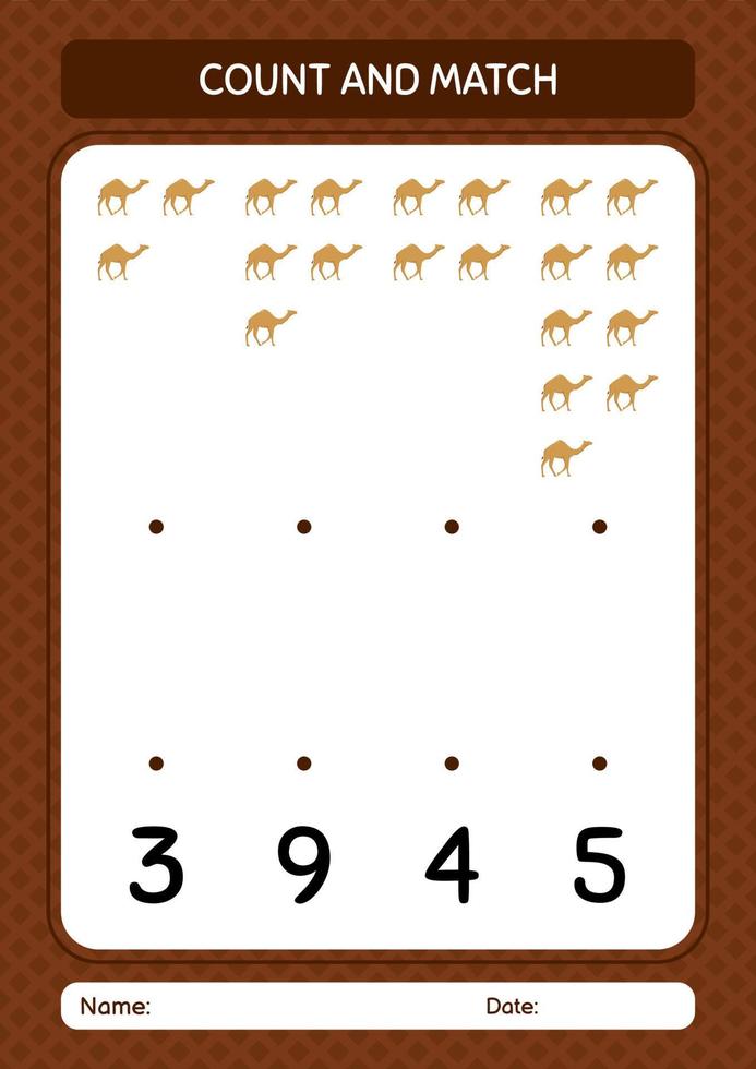 Count and match game with camel. worksheet for preschool kids, kids activity sheet vector