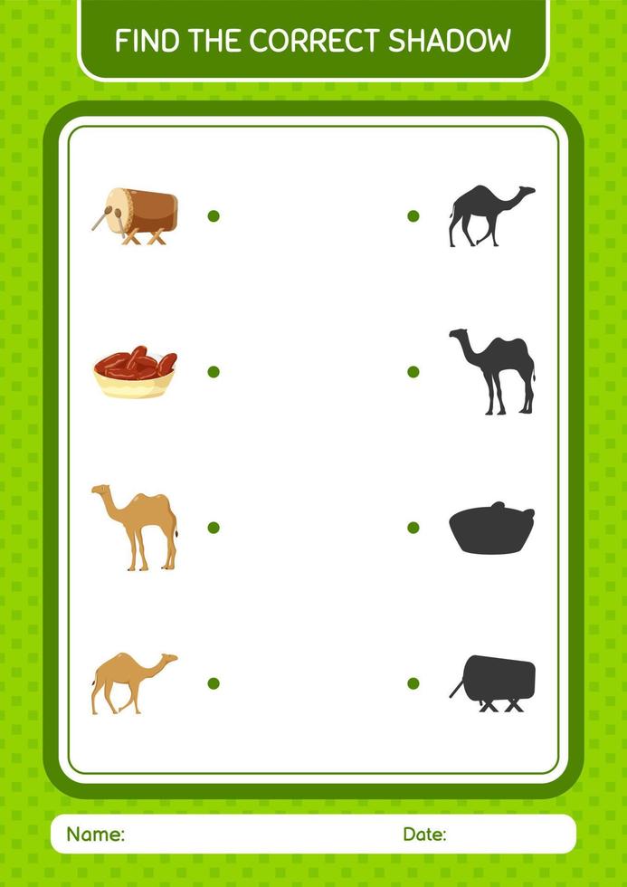 Find the correct shadows game with ramadan icon. worksheet for preschool kids, kids activity sheet vector