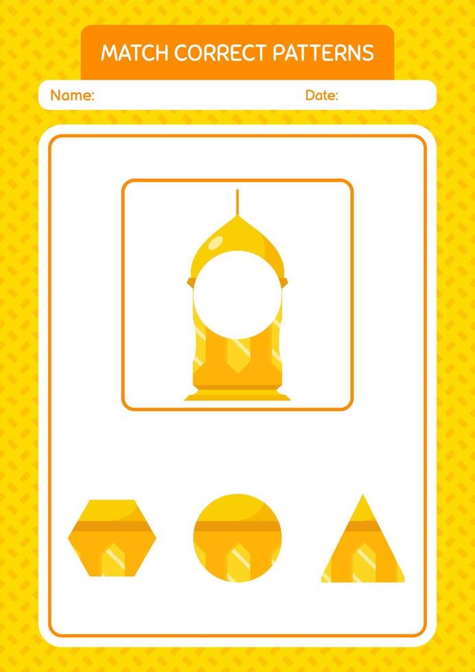 Match pattern game with arabic lantern. worksheet for preschool kids, kids activity sheet vector