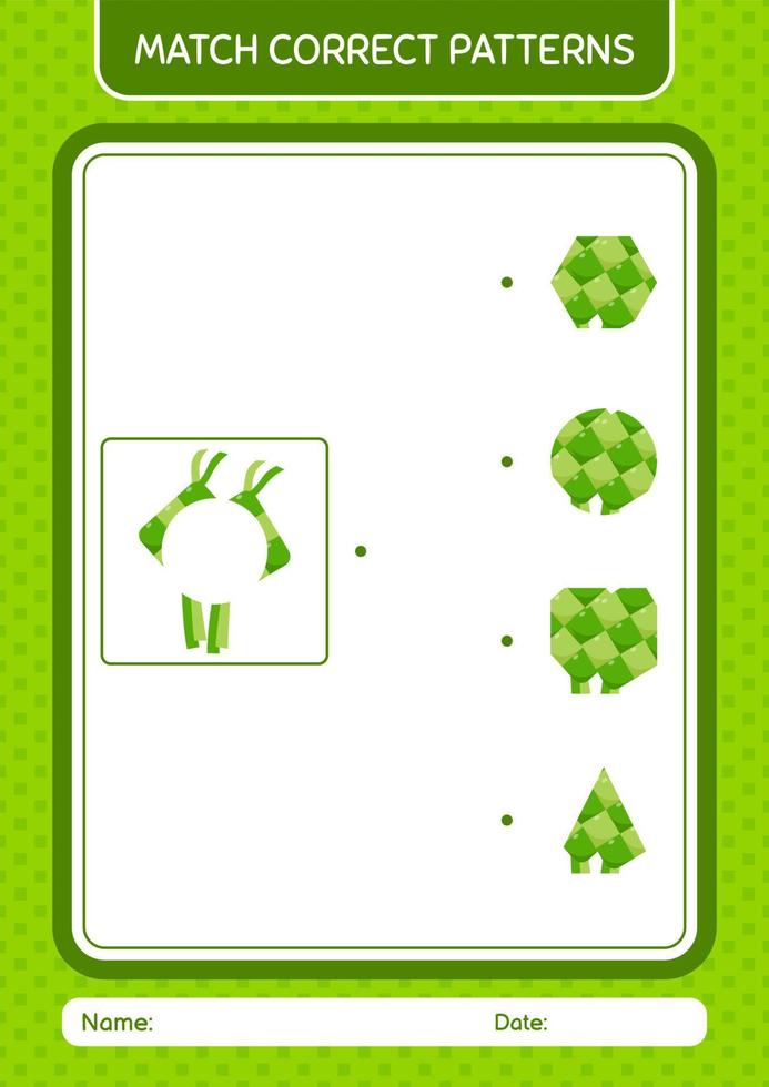 juego de patrones de coincidencia con ketupat. hoja de trabajo para niños en edad preescolar, hoja de actividades para niños vector