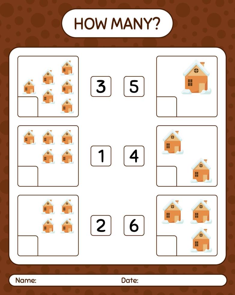 How many counting game with house. worksheet for preschool kids, kids activity sheet vector