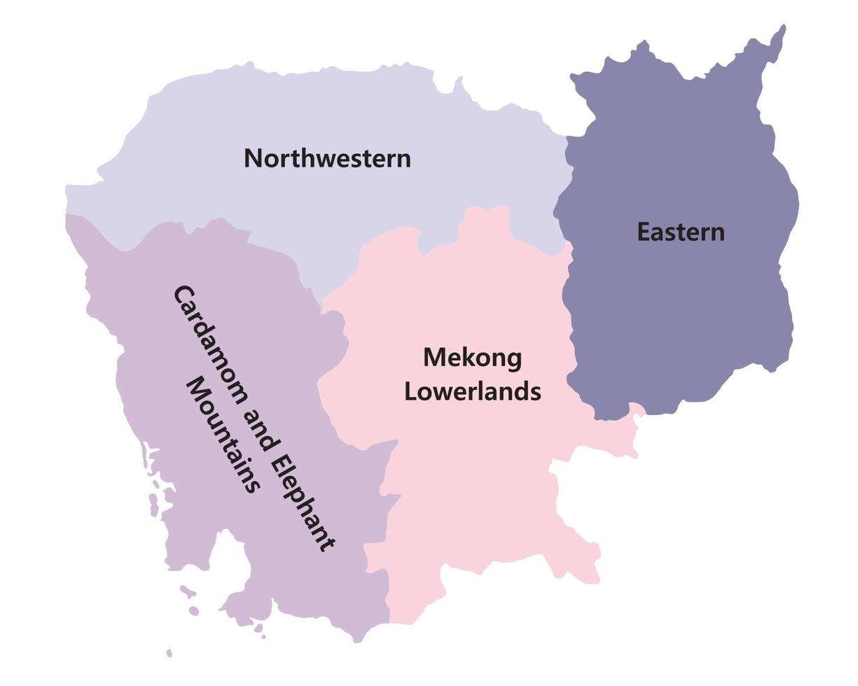 Map of Cambodia includes four regions Northwestern Cardamom and Elephant Mountains Mekong Lowlands and Eastern. Mekong River basin and Tonle Sap Lake. vector