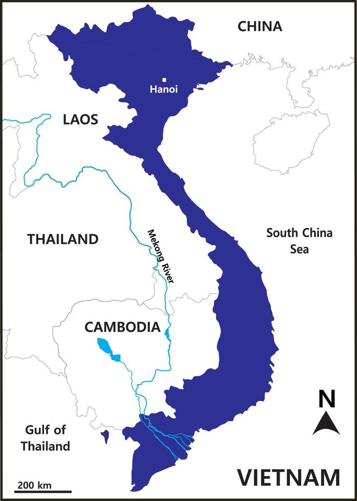 Map of Vietnam includes regions, Mekong River basin, Tonle Sap Lake, and borderline countries, Thailand, Cambodia, Southern China sea, and Laos vector