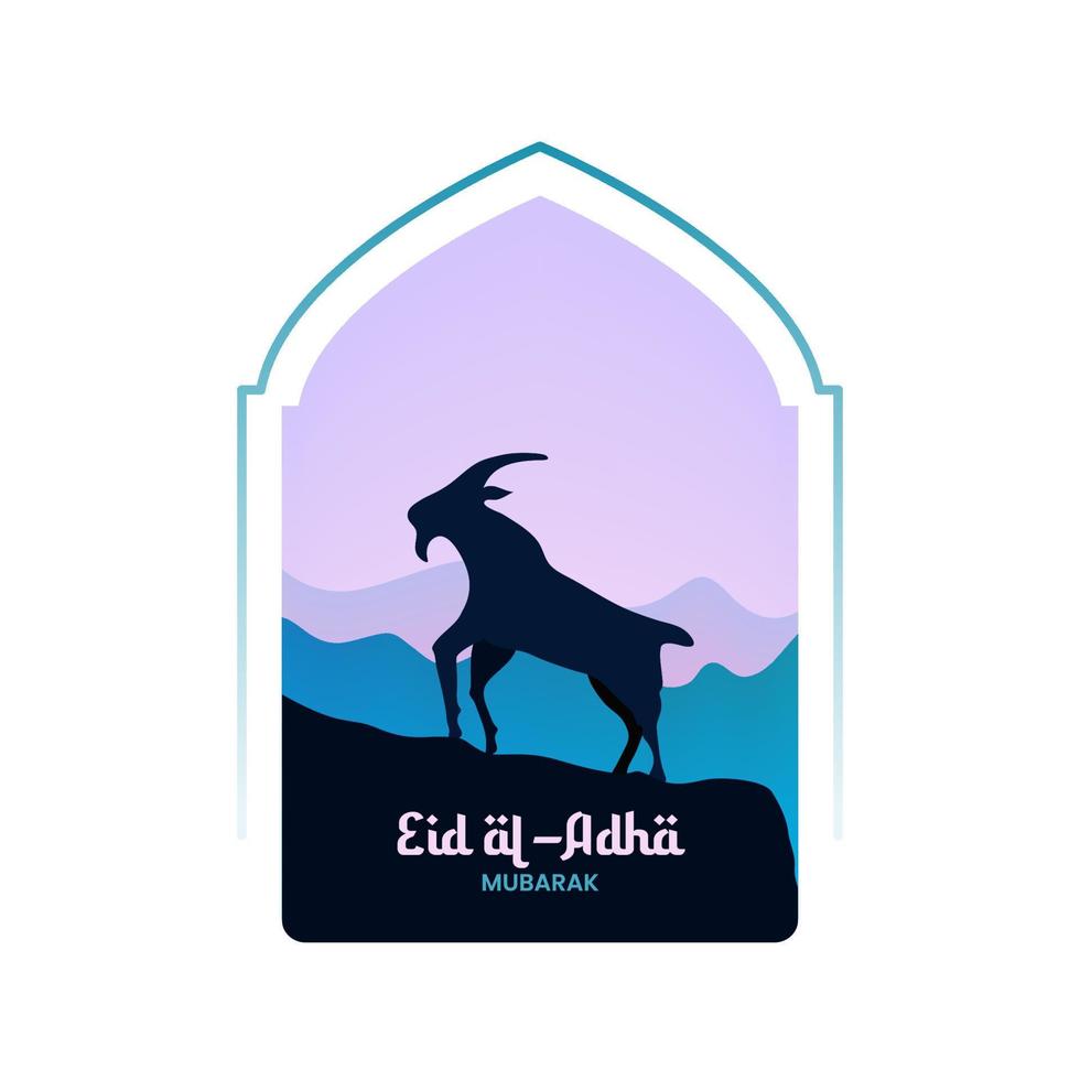 eid al-adha mubarak con siluetas de cabra y paisaje matutino vector