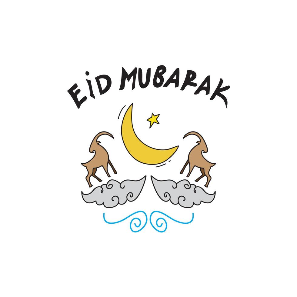 eid mubarak en estilo dibujado a mano. dos cabras sobre las nubes dan la bienvenida a eid al adha vector