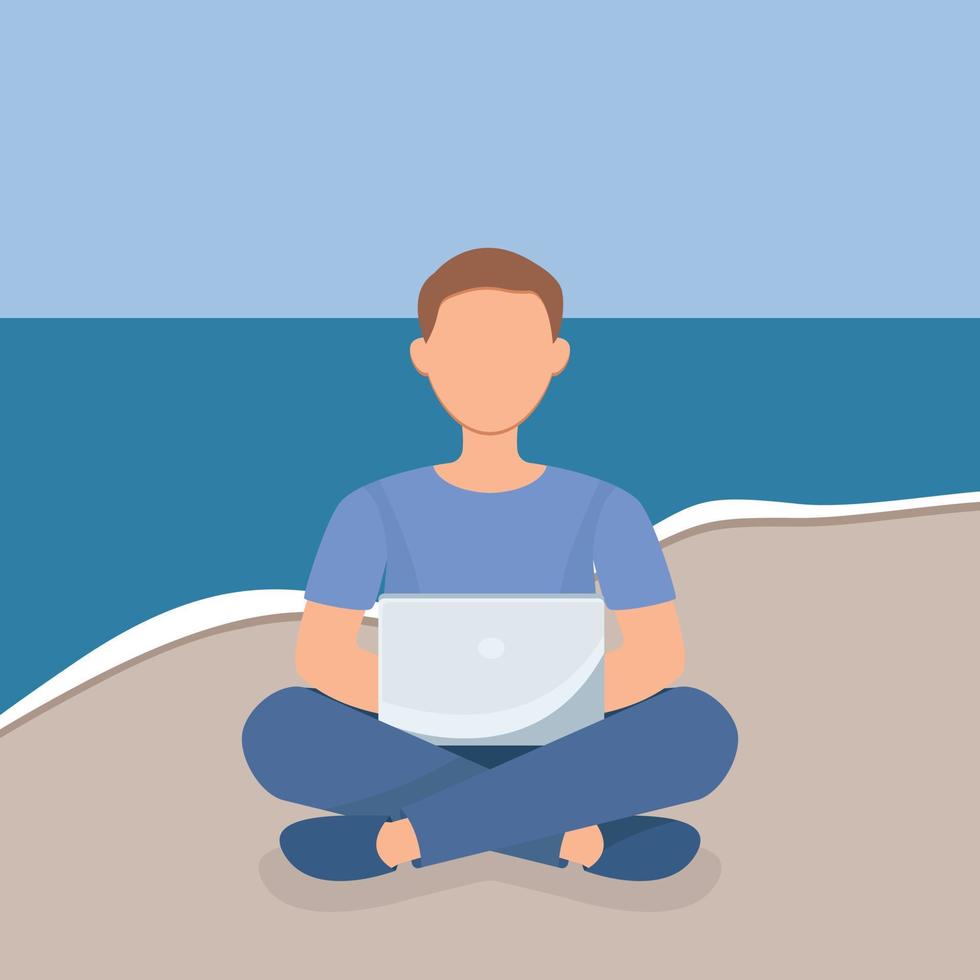 hombre con laptop sentado junto al mar con las piernas cruzadas vector