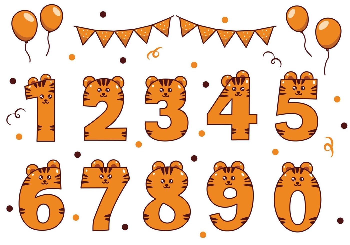 linda colección de tigres con numeración para fiestas de cumpleaños, educación infantil, adornos vector