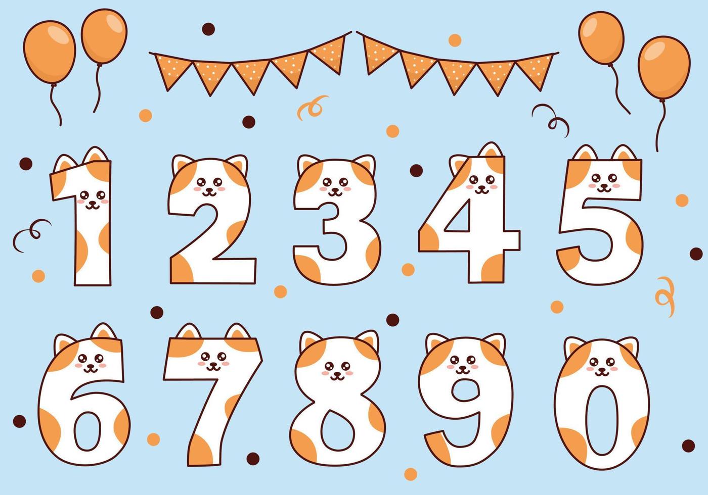 linda colección de gatos con numeración para fiesta de cumpleaños, educación infantil, adorno vector