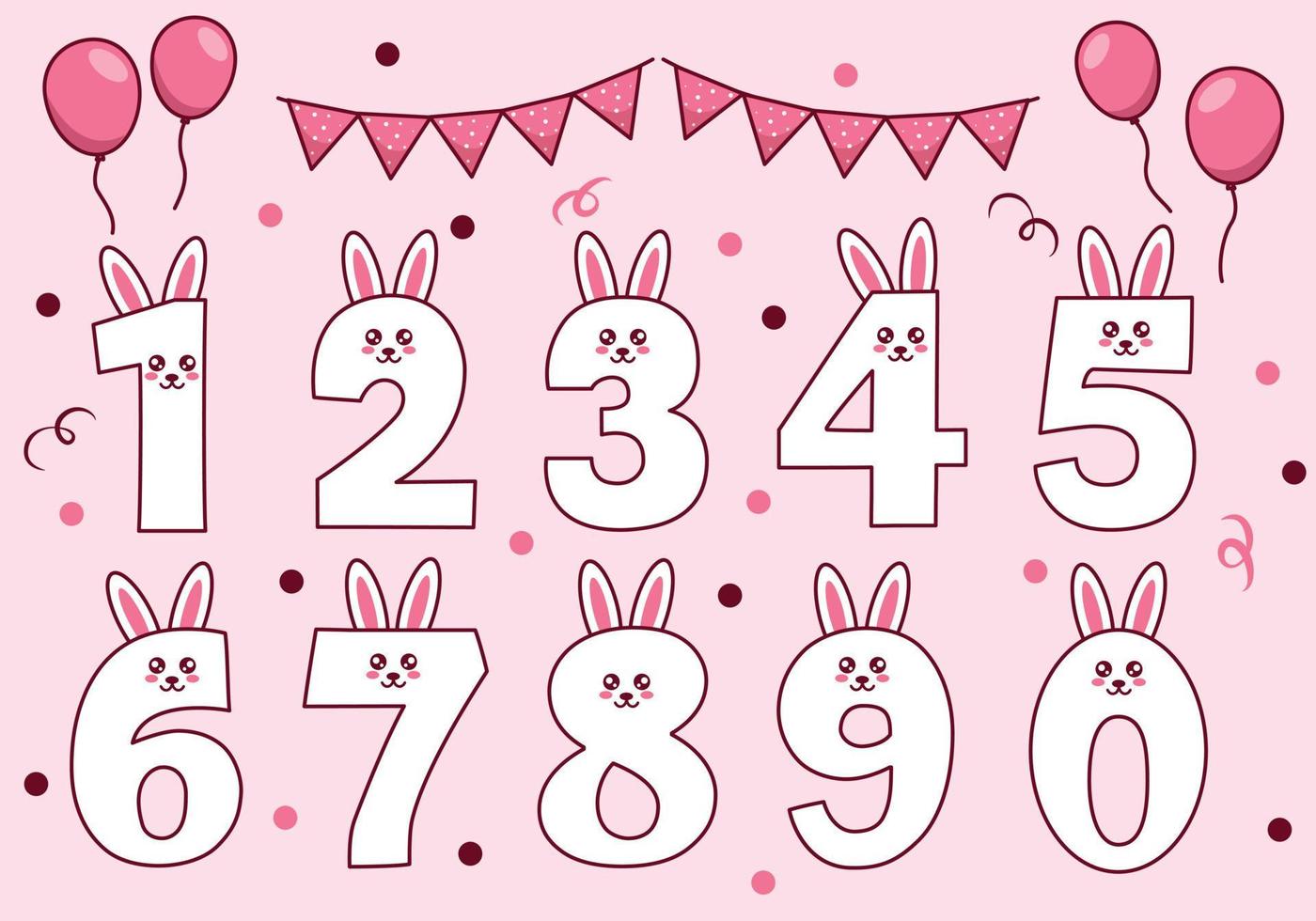 Cute bunny or rabbit collection with numbering for birthday party, kid education, ornament. Funny font vector