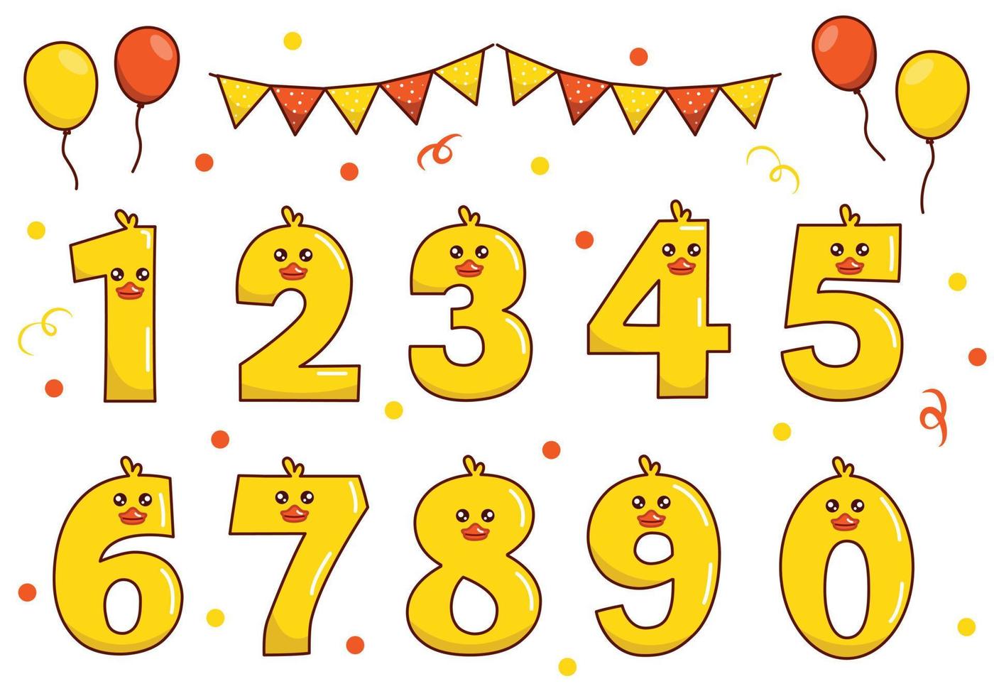 Cute yellow duck collection with numbering for birthday party, kid education, ornament. Funny font vector