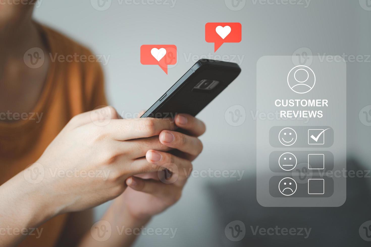 Customer review satisfaction feedback survey concept, User give rating to service experience on online application, Customer can evaluate quality of service leading to reputation ranking of business photo