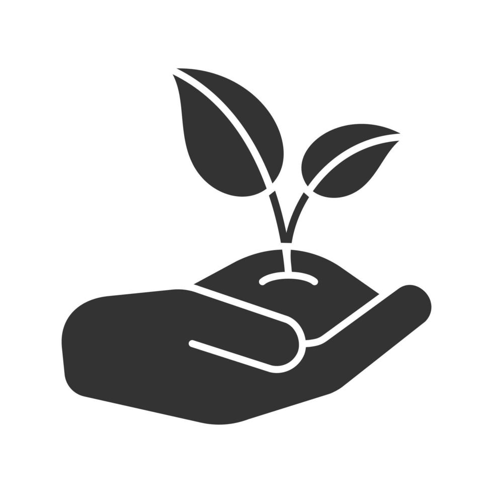 Open hand with sprout glyph icon. Environment protection. Agriculture. Silhouette symbol. Negative space. Vector isolated illustration