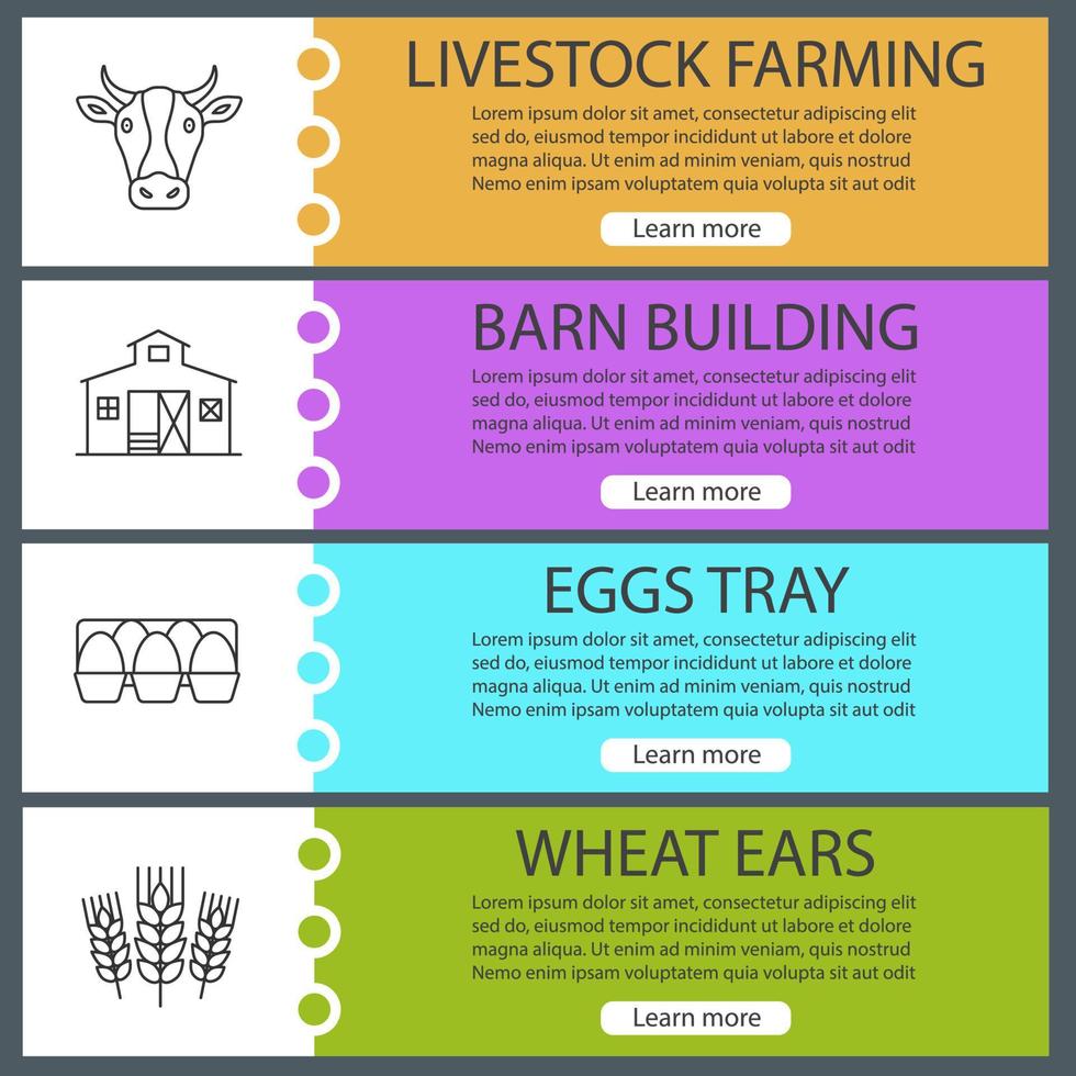 Agriculture web banner templates set. Cow head, barn building, eggs tray, wheat ears. Website color menu items with linear icons. Vector headers design concepts