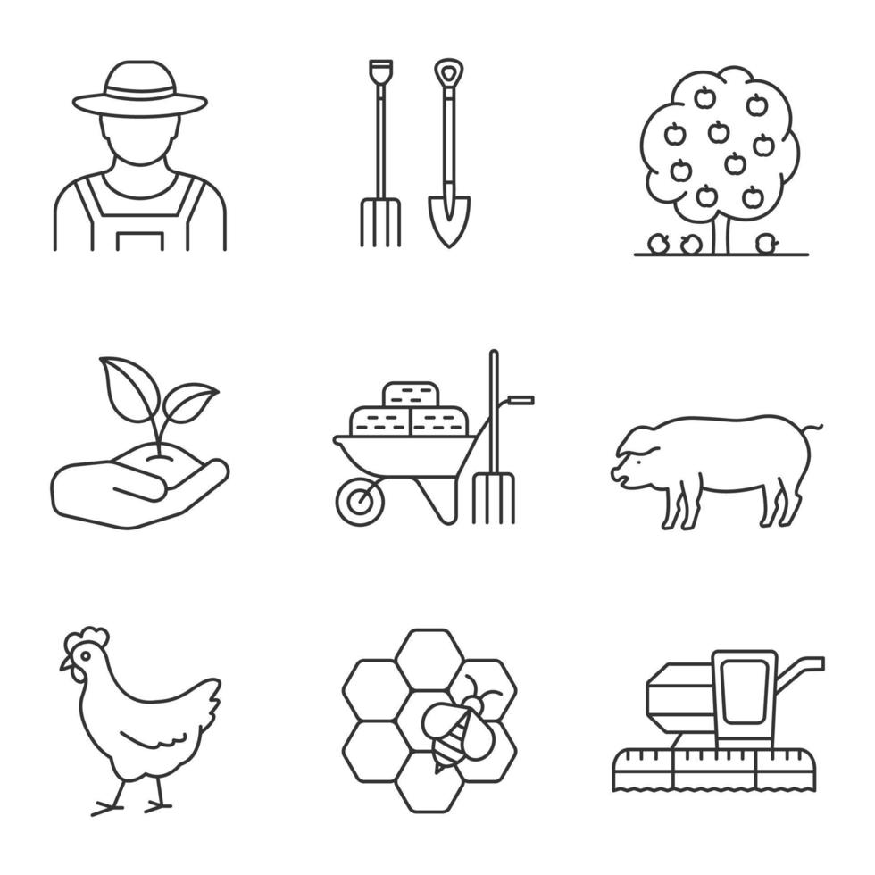 conjunto de iconos lineales de agricultura. agricultor, horca, pala, árbol frutal, brote, carretilla, cerdo, pollo, apicultura, cosechadora. símbolos de contorno de línea delgada. Ilustraciones de vectores aislados