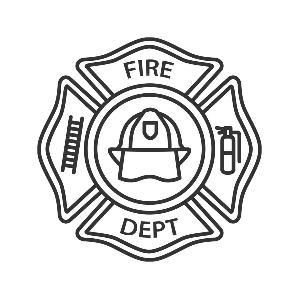 Fire department badge linear icon. Firefighting emblem with helmet, ladder and extinguisher. Thin line illustration. Contour symbol. Vector isolated outline drawing