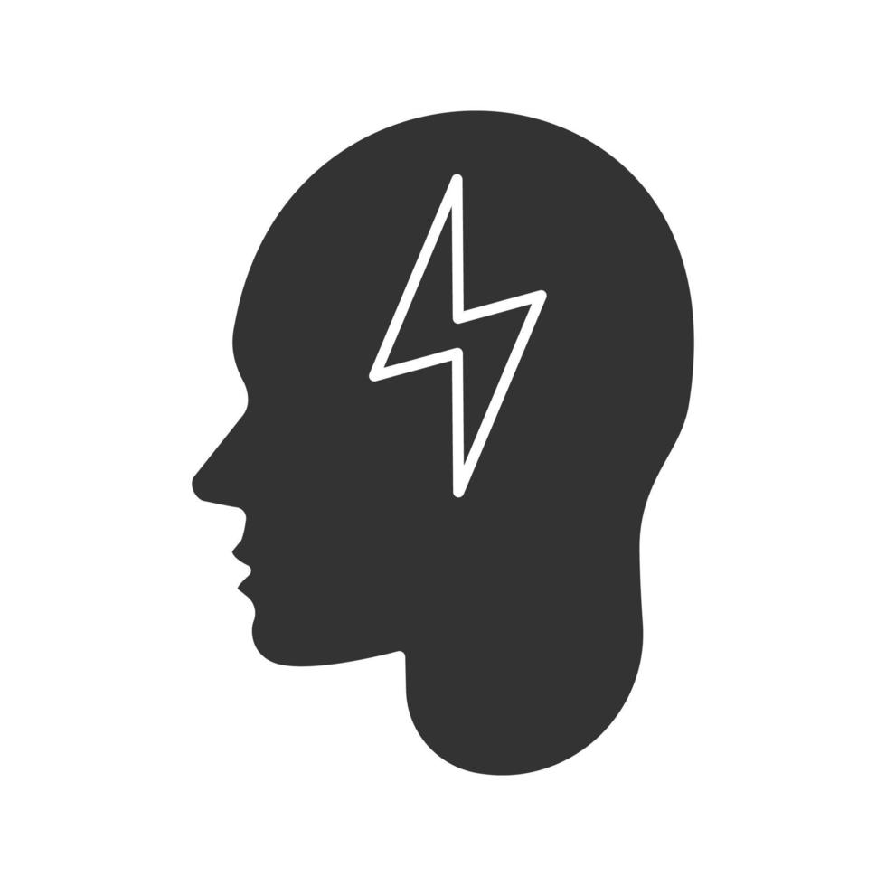 Human head with lightning bolt glyph icon. Artificial intelligence. Silhouette symbol. Brain charging. Negative space. Vector isolated illustration