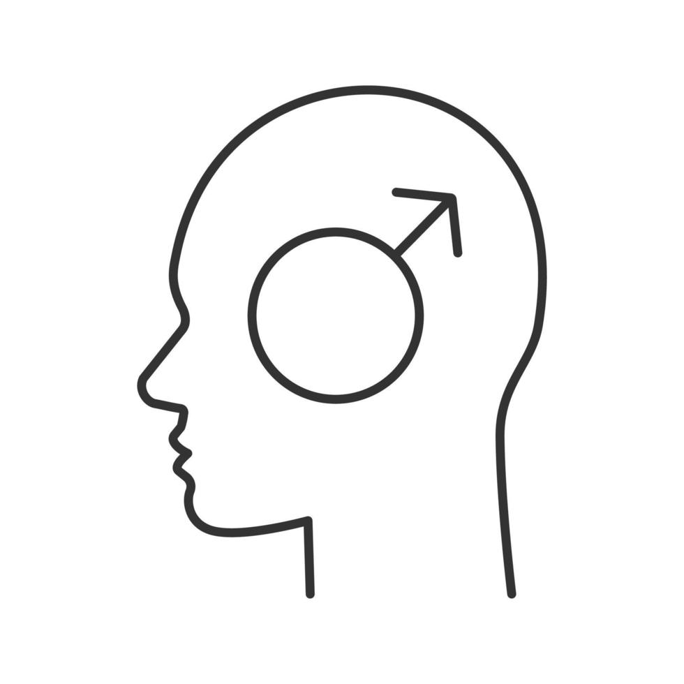 Human head with male symbol inside linear icon. Thoughts about men. Thin line illustration. Spear and shield of Mars. Male logic. Contour symbol. Vector isolated outline drawing