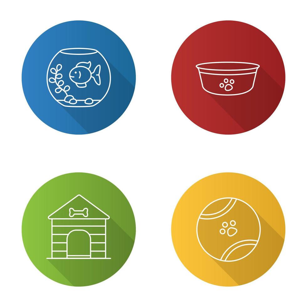 Pets supplies flat linear long shadow icons set. Aquarium, dog bowl, doghouse, toy ball. Vector outline illustration