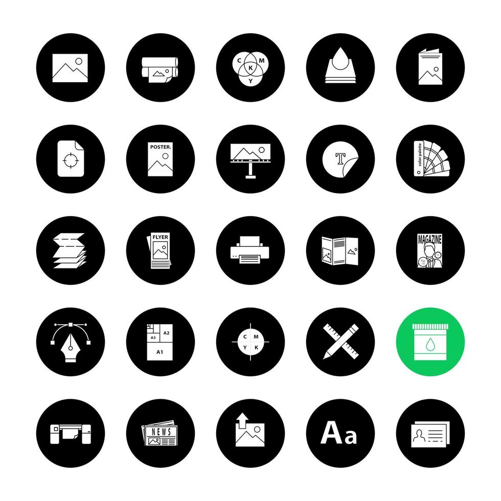 Printing glyph icons set. Polygraphy and typography. Posters, flyers, brochures, booklets templates. Vector white silhouettes illustrations in black circles