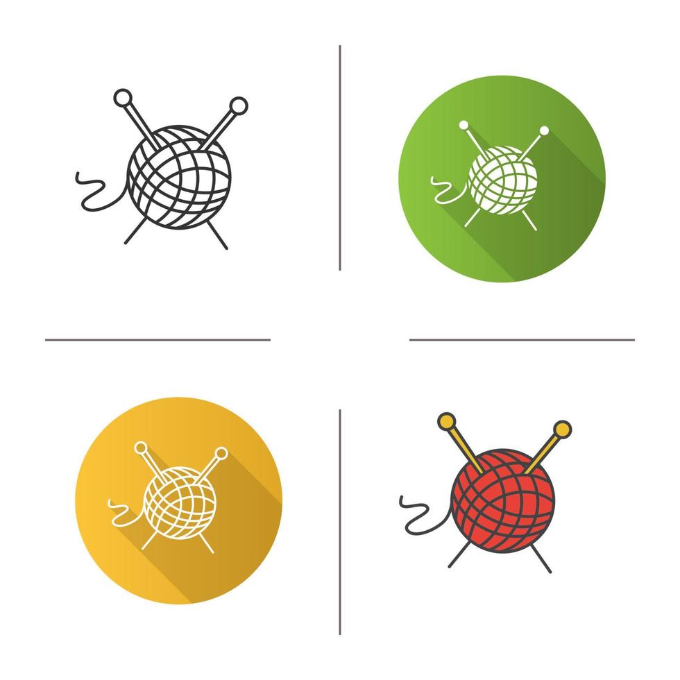 Ovillo de lana con icono de agujas de tejer. Diseño plano, estilos lineales y de color. bola de hilo ilustraciones de vectores aislados