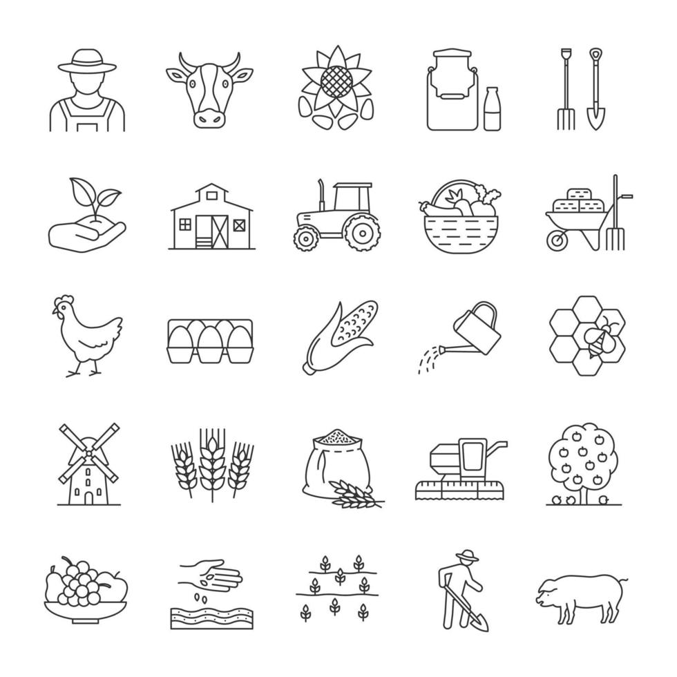 Agriculture linear icons set. Farming. Agricultural implement. Thin line contour symbols. Isolated vector outline illustrations