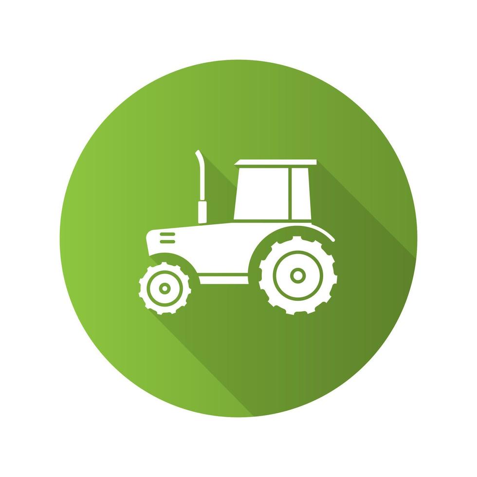 icono de glifo de sombra larga de diseño plano de tractor. transporte agrícola. ilustración de silueta vectorial vector