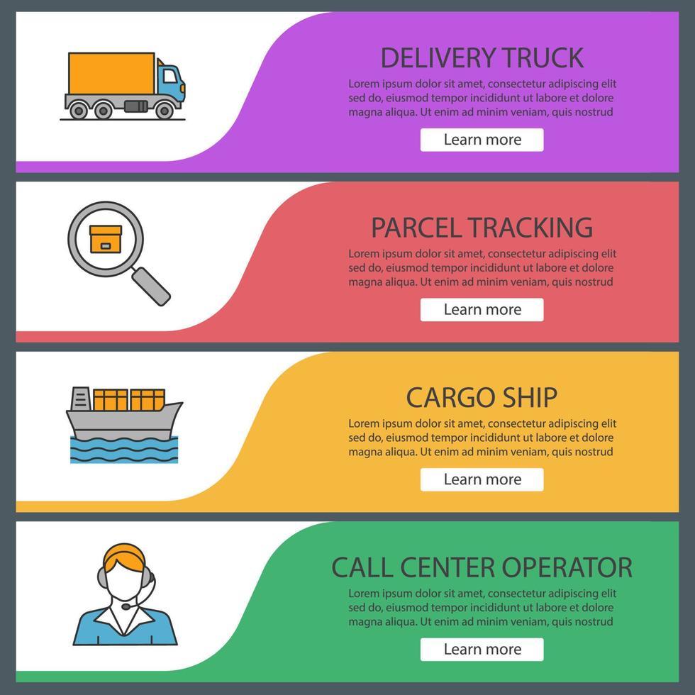 Cargo shipping web banner templates set. Delivery truck, parcel tracking, cargo ship, call center operator. Website color menu items. Vector headers design concepts