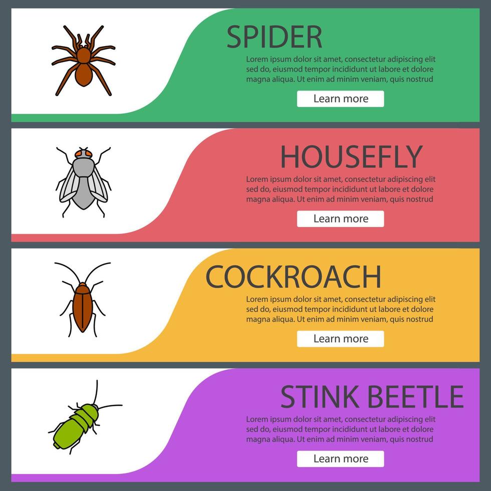 Insects web banner templates set. Spider, cockroach, housefly, stink bug. Website color menu items. Vector headers design concepts