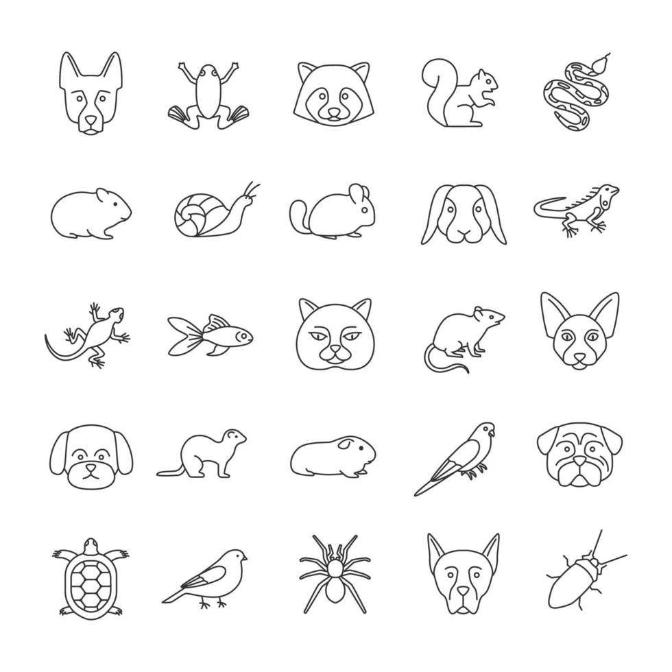 Pets linear icons set. Exotic animals. Rodents, birds, reptiles, insects, dogs, cats. Thin line contour symbols. Isolated vector outline illustrations