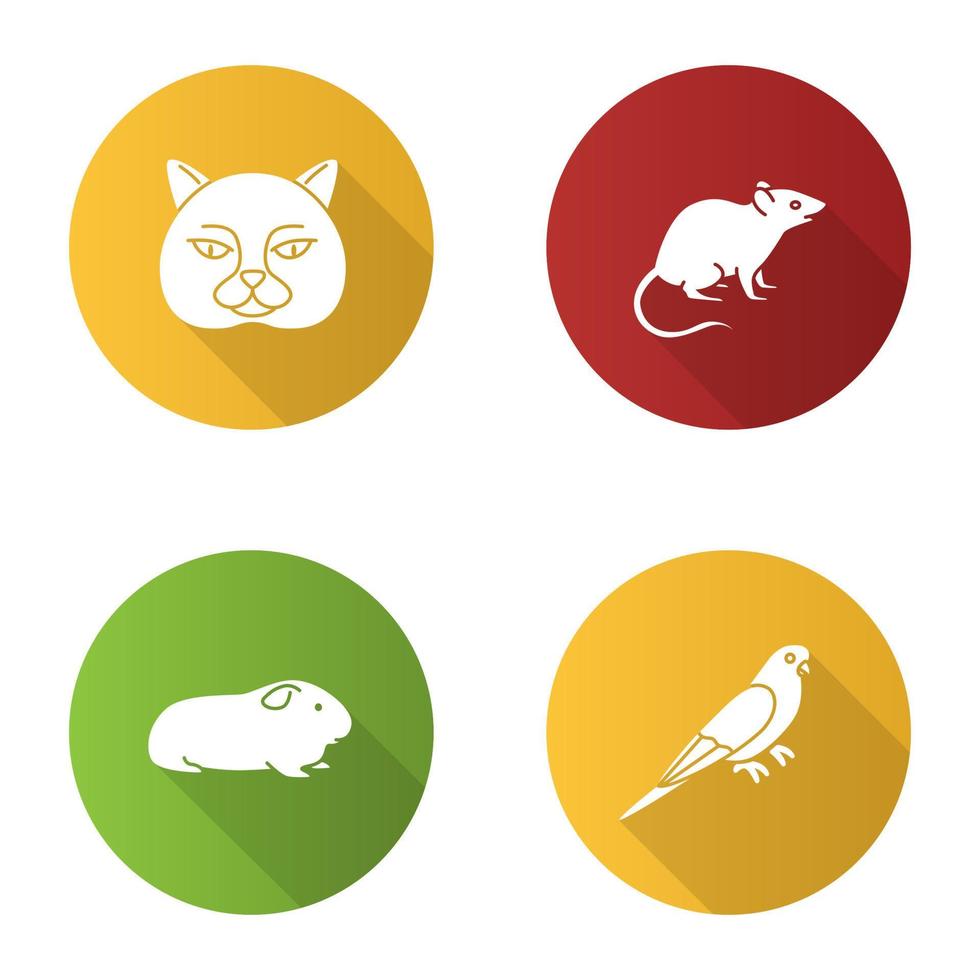 Pets flat design long shadow glyph icons set. British cat, mouse, cavy, budgerigar. Vector silhouette illustration