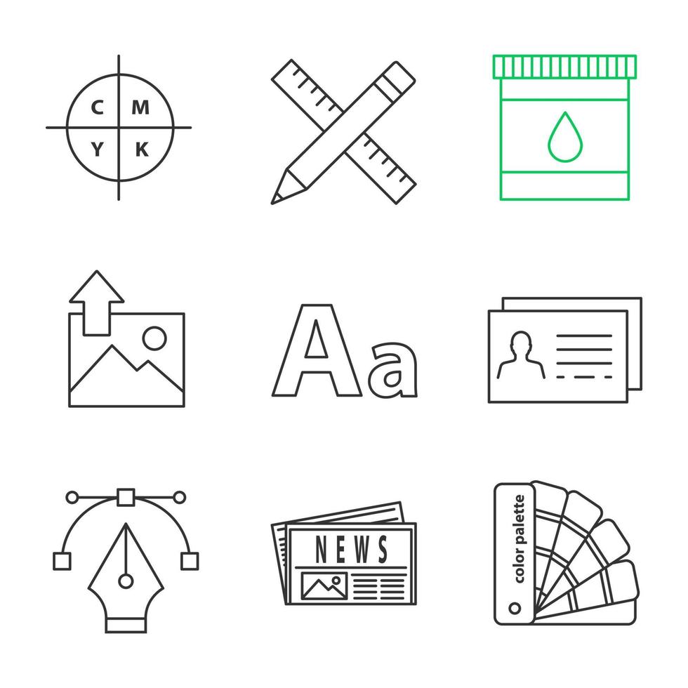 Printing linear icons set. Cmyk model, pencil and ruler, ink, image, font, business card, fountain pen nib, newspaper, color palettes. Thin line contour symbols. Isolated vector outline illustrations