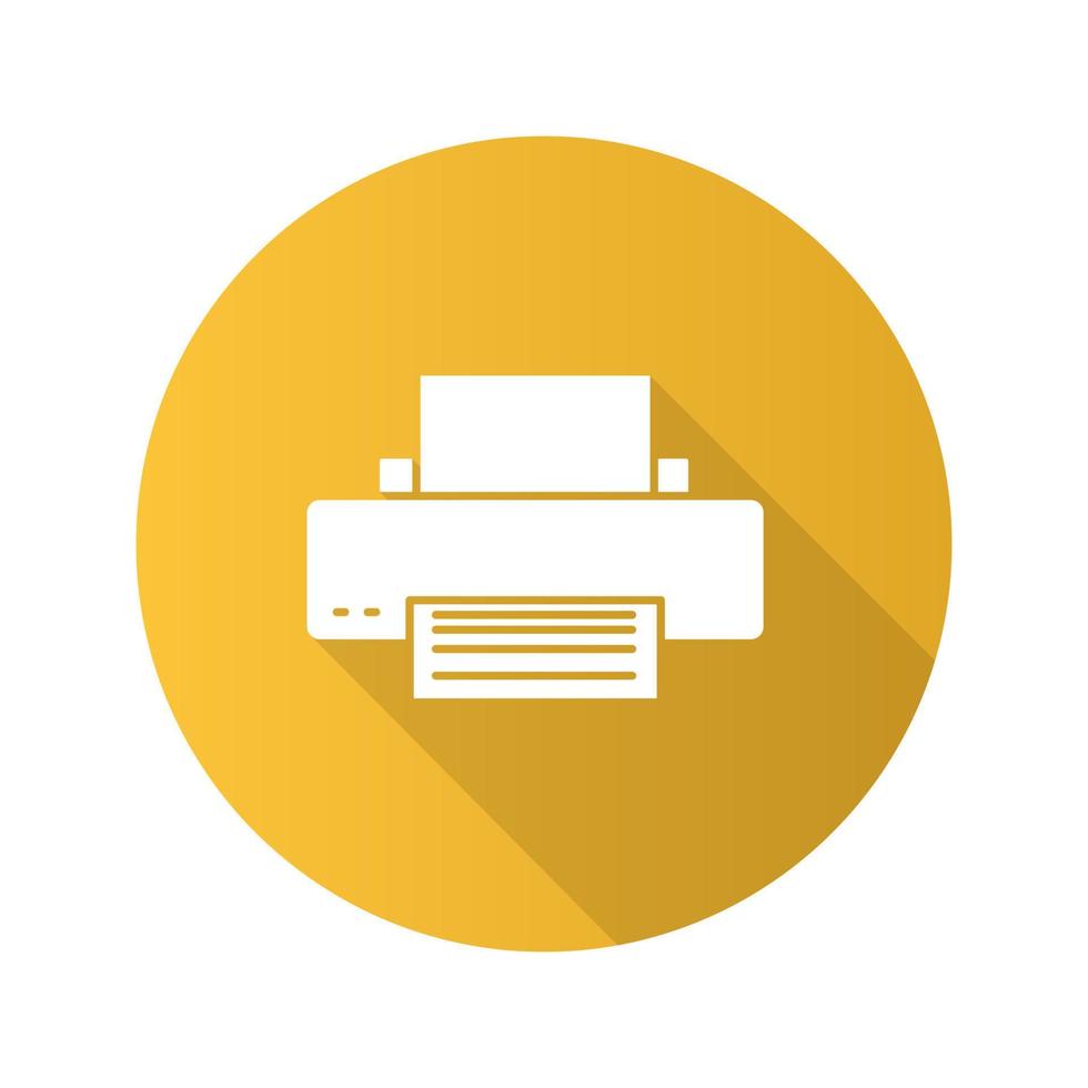 Printer flat design long shadow glyph icon. Printing machine. Vector silhouette illustration