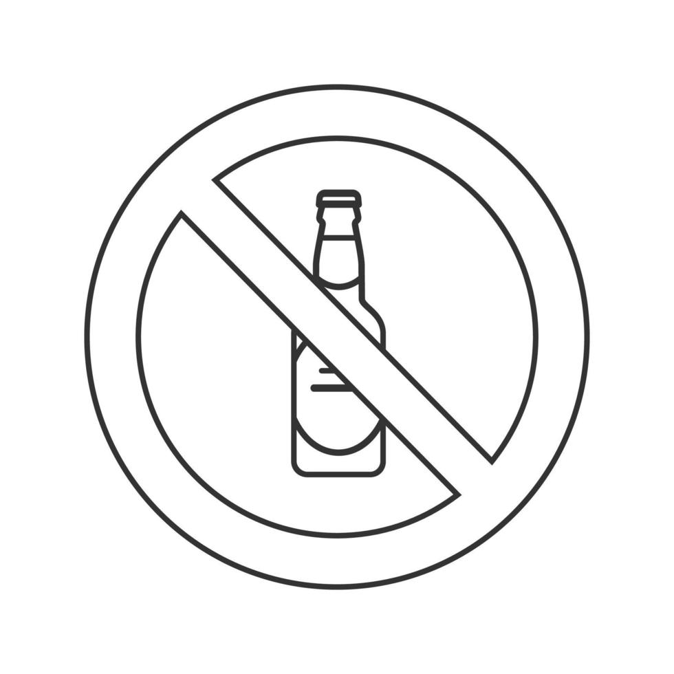 Forbidden sign with beer bottle linear icon. Thin line illustration. No alcohol prohibition. Stop contour symbol. Vector isolated outline drawing